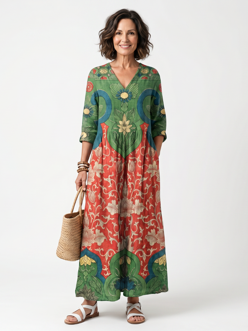 Sloane | Women's Mixed Print V Neck Pocket Maxi Dress