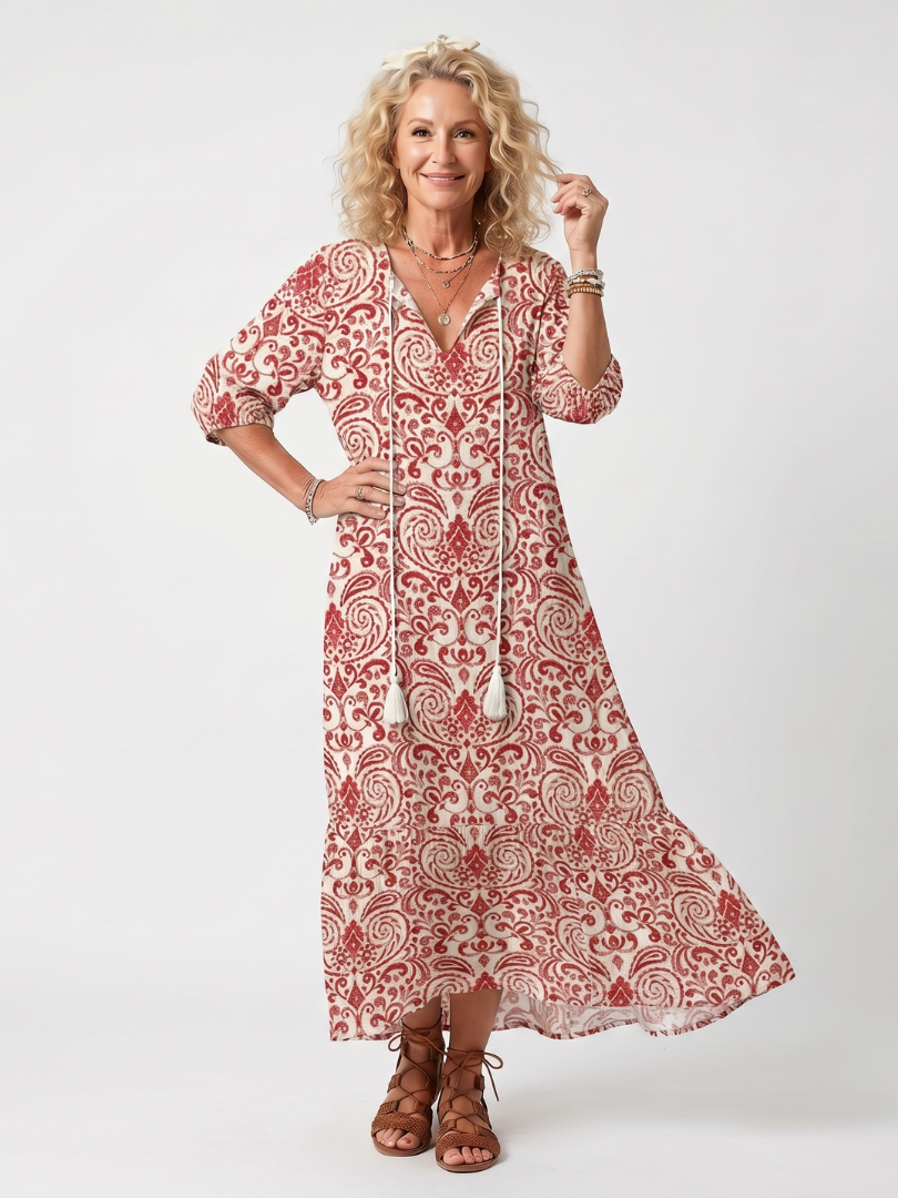 Noelle | Women's Ornate Print Tassel Tie Midi Dress
