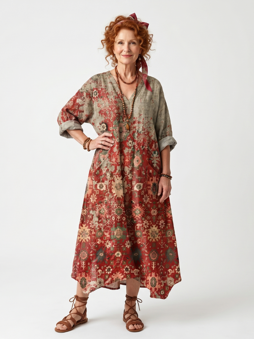 Saffron | Women's Mixed Pattern Relaxed Pocket Midi Dress