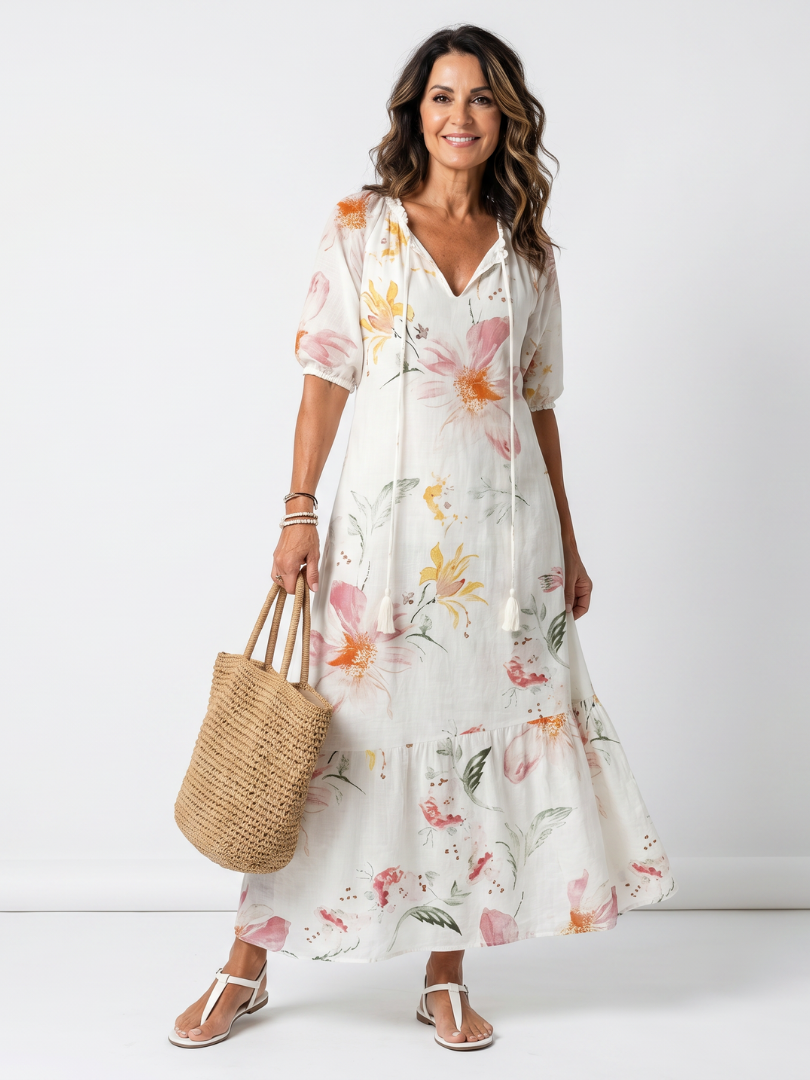 Noa | Women's Soft Floral Tiered Tassel Midi Dress
