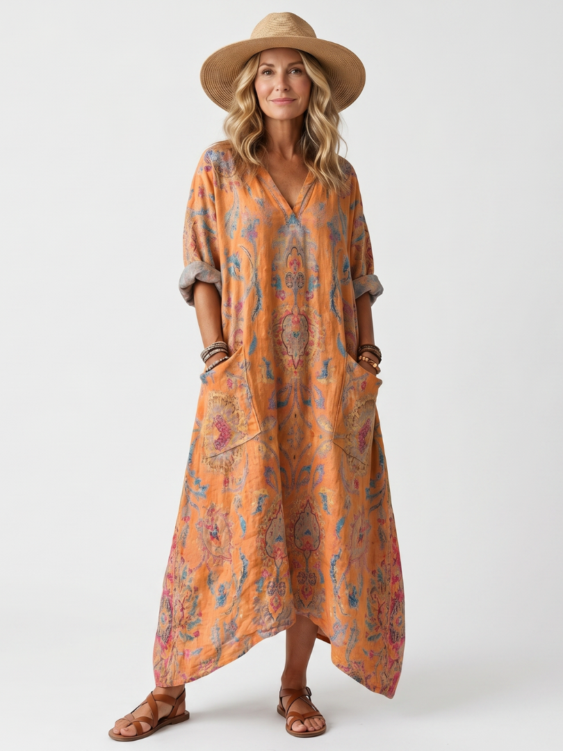 Remi | Women's Notch Neck Printed Oversized Pocket Maxi Dress