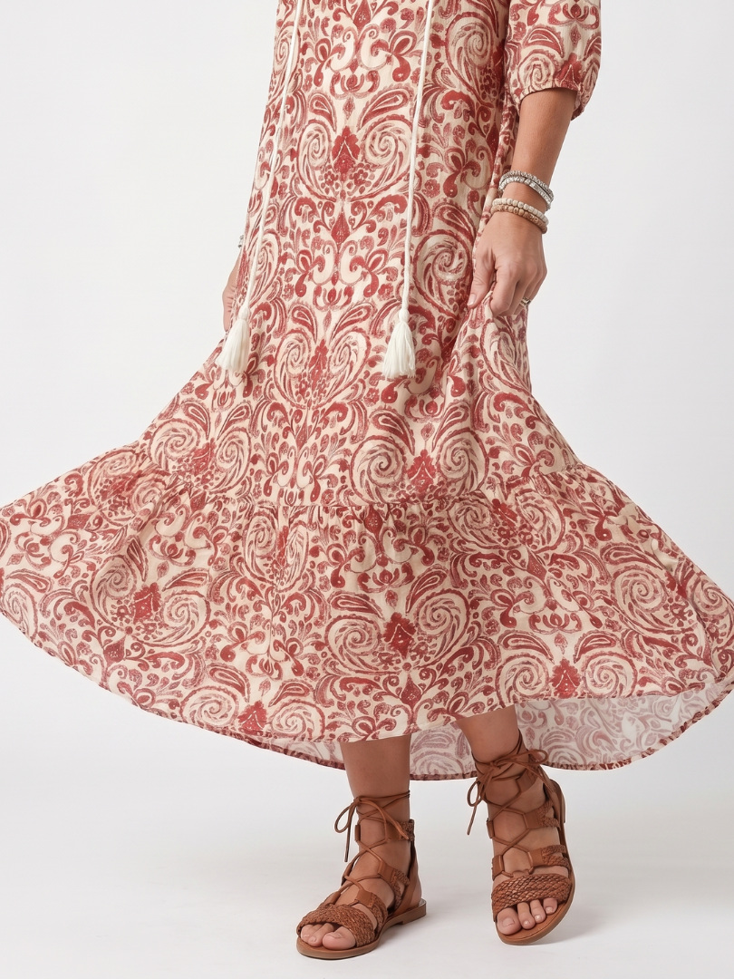 Noelle | Women's Ornate Print Tassel Tie Midi Dress