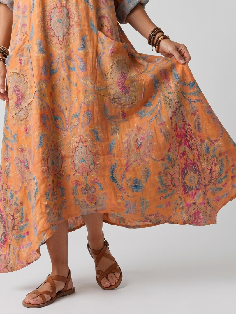 Remi | Women's Notch Neck Printed Oversized Pocket Maxi Dress