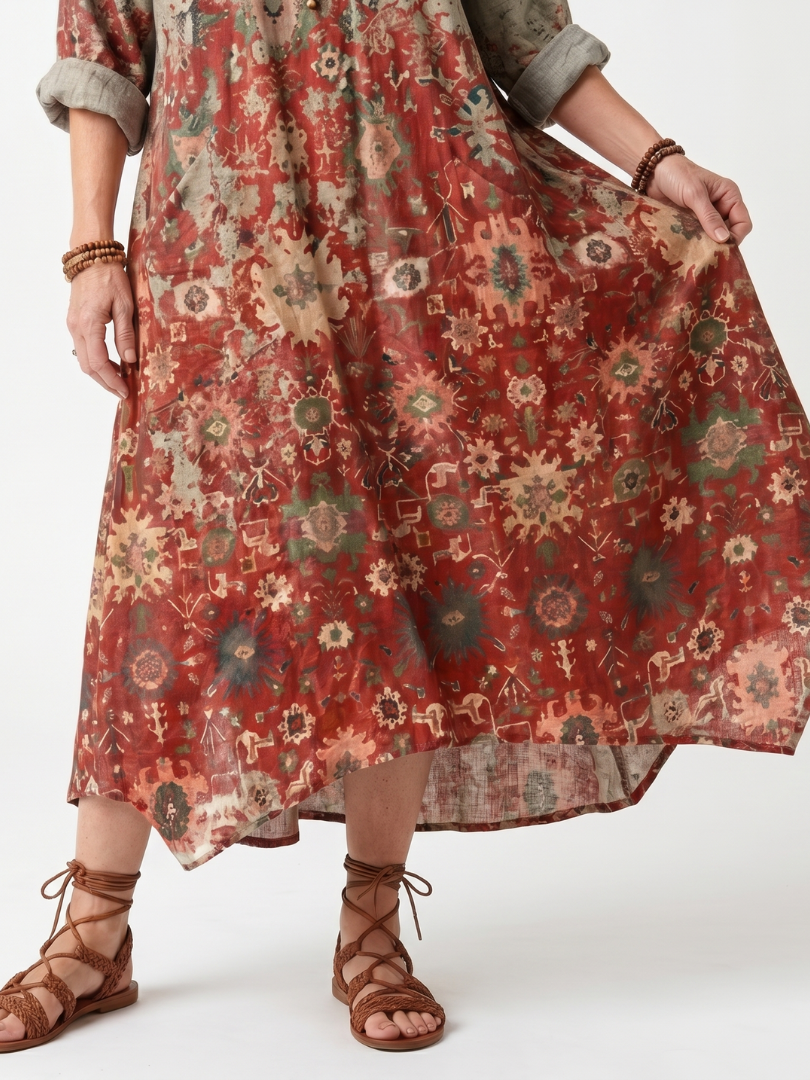 Saffron | Women's Mixed Pattern Relaxed Pocket Midi Dress