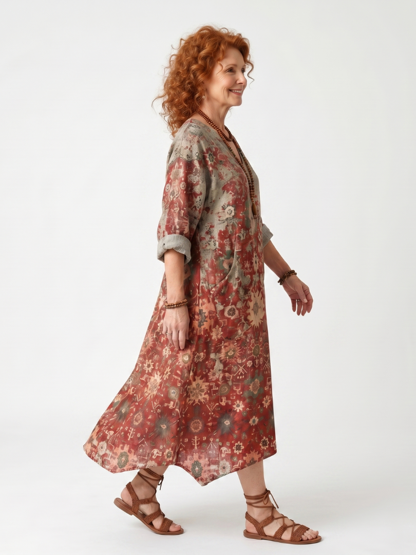 Saffron | Women's Mixed Pattern Relaxed Pocket Midi Dress