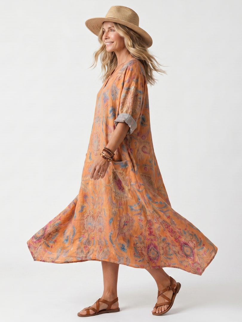 Remi | Women's Notch Neck Printed Oversized Pocket Maxi Dress