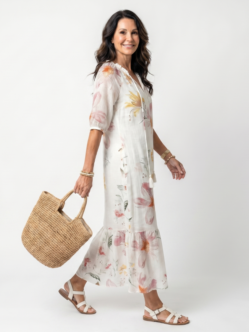 Noa | Women's Soft Floral Tiered Tassel Midi Dress