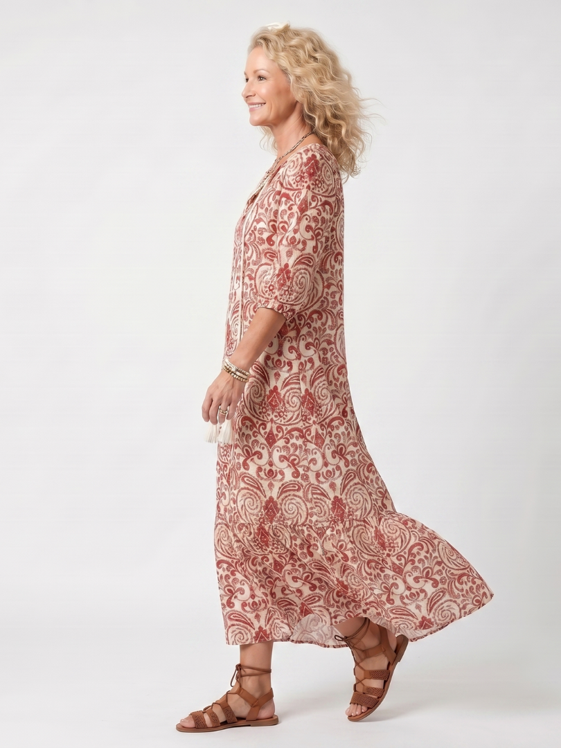 Noelle | Women's Ornate Print Tassel Tie Midi Dress