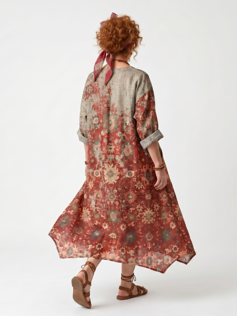 Saffron | Women's Mixed Pattern Relaxed Pocket Midi Dress