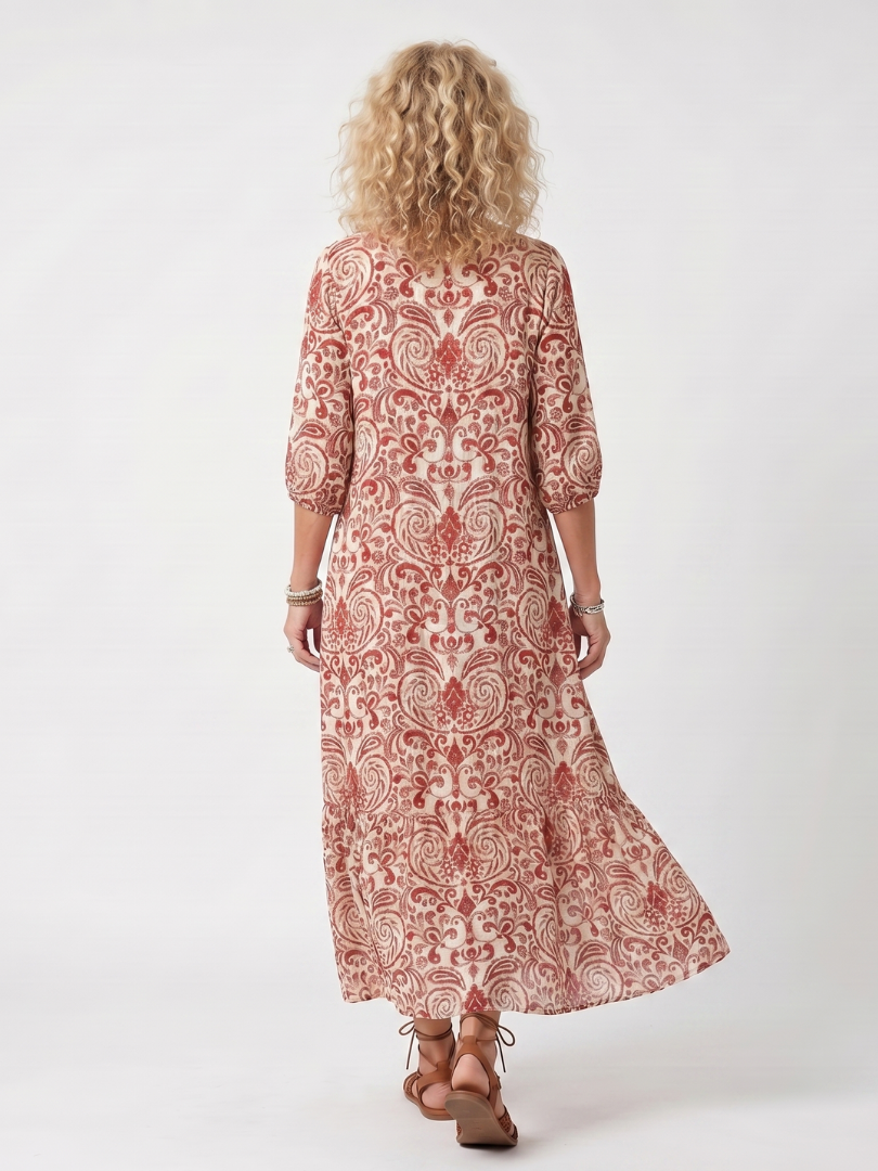 Noelle | Women's Ornate Print Tassel Tie Midi Dress